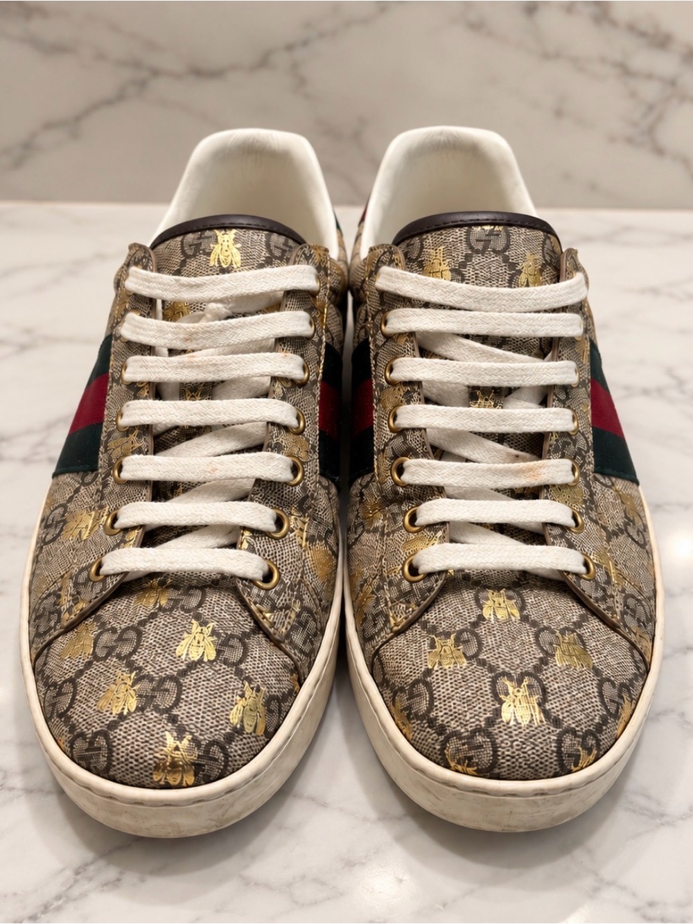 Gucci Ace GG Supreme Bees Sneakers Men’s Size 9 548950 Brown Gold Red Green